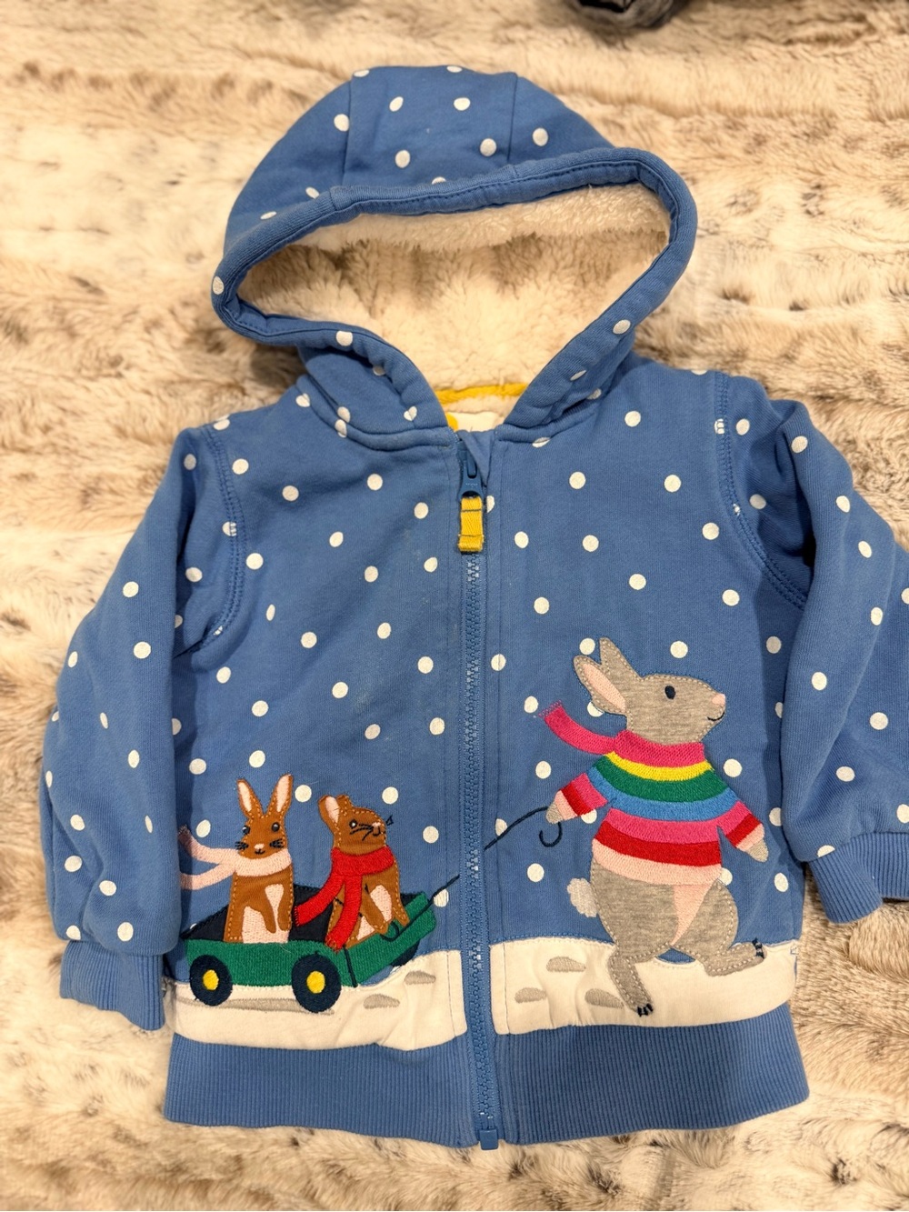 Baby Boden Blue Polka Dot Hooded Zip-Up with Bunny & Friends